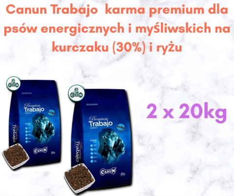 Canun Trabajo 2 x 20 kg karma premium dla psów energicznych i myśliwskich na kurczaku (30%) i ryżu Canun Trabajo 2 x 20 kg karma premium dla psów energicznych i myśliwskich na kurczaku (30%) i ryżu