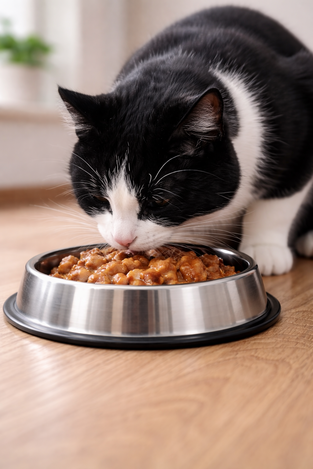 Czarno biały kot jedzący mokrą karmę z miski